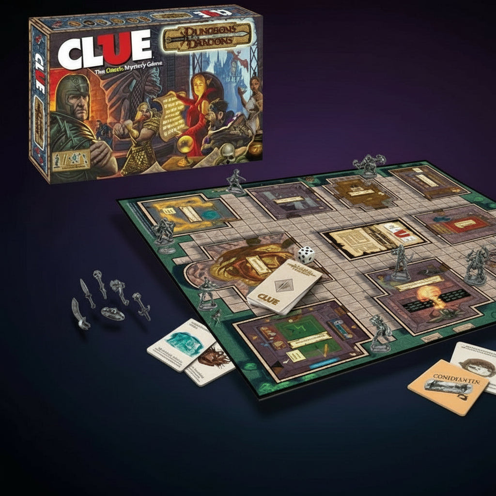 Clue board game with components on a dark background