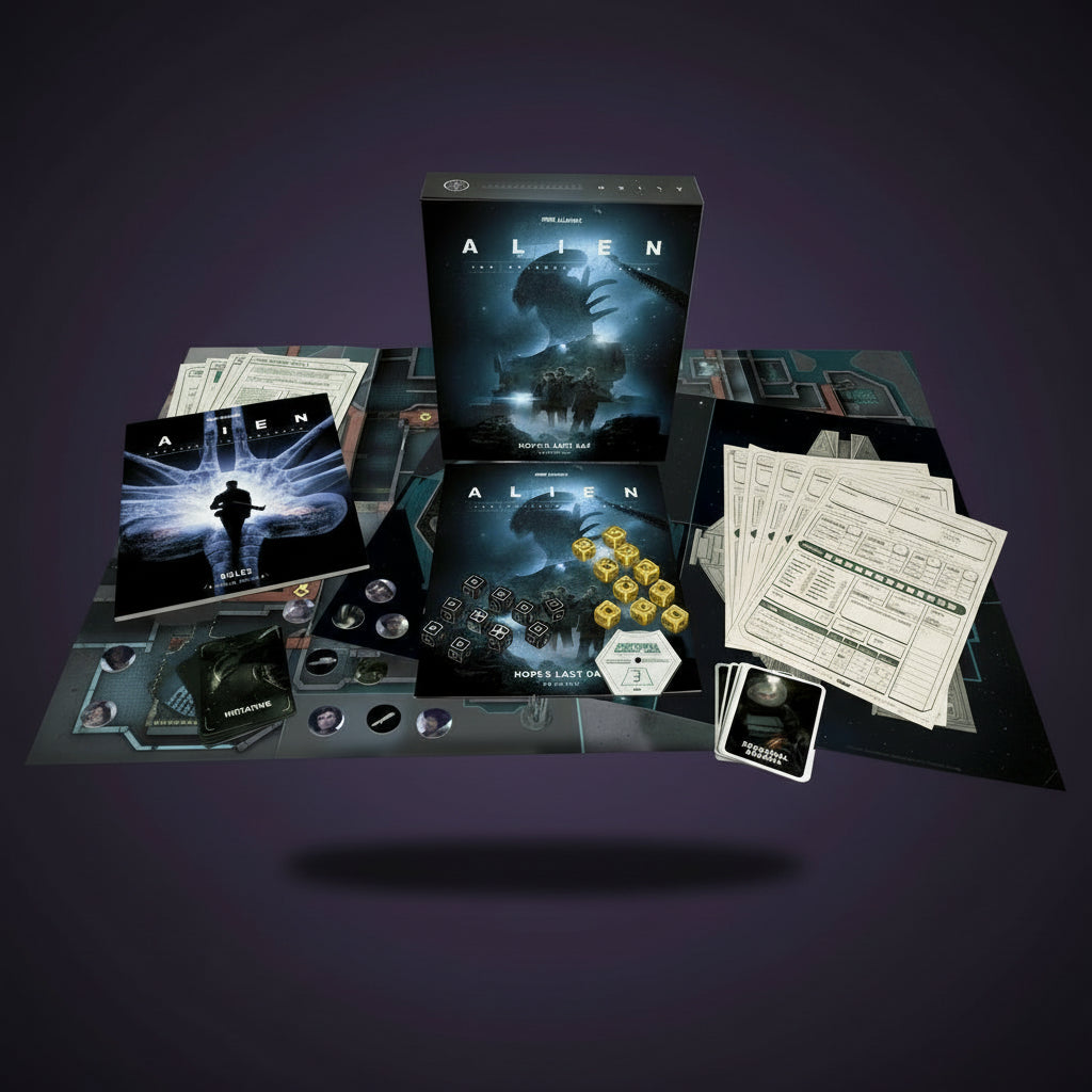Board game components including cards, dice, and a box on a dark background